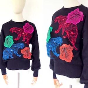 Escada 80s Margeretha Ley Sweater Sz 6 8 S M Black Mohair Tiger Rhinestone Rare